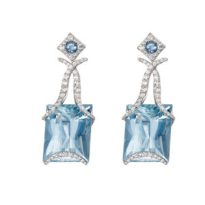 Silvesto India Dangle Earring Cushion & Round Shape Blue Topaz & CZ Gemstone Micron Gold Plated 925 Sterling Silver Earring