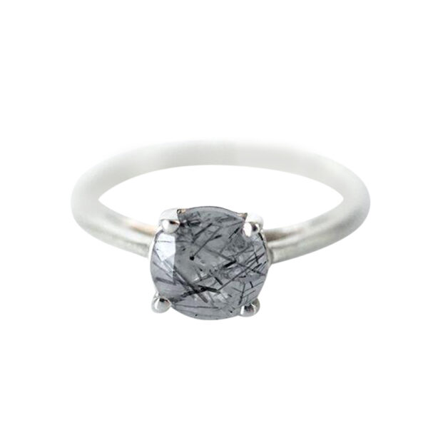 Silvesto India Black Rutilated Quartz Gemstone 925 Sterling Silver Ring