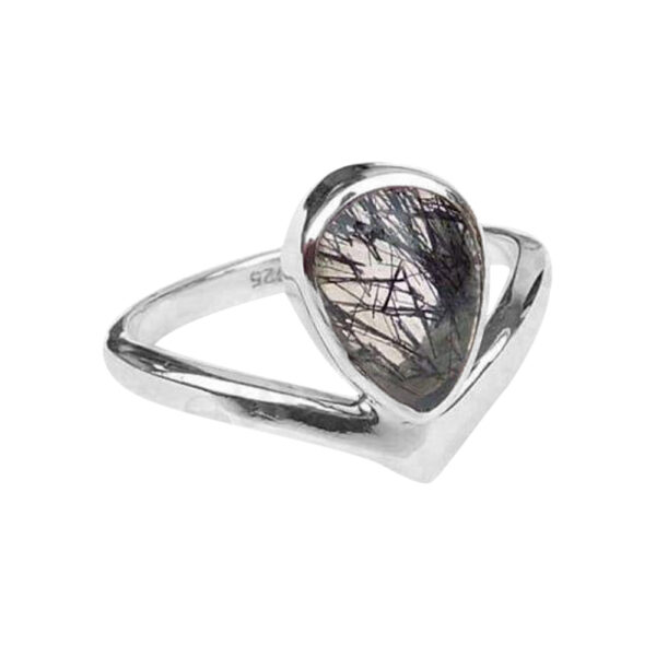 Silvesto India Black Rutilated Quartz Gemstone 925 Sterling Silver Ring