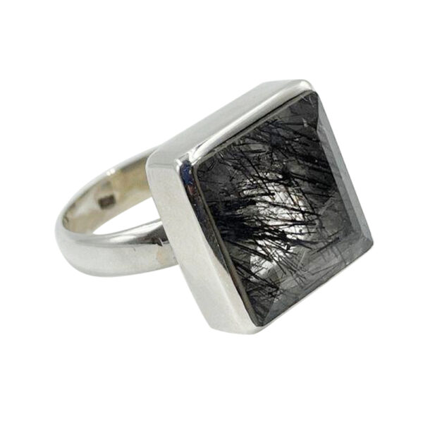 Silvesto India Black Rutilated Quartz Gemstone 925 Sterling Silver Ring