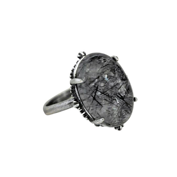 Silvesto India Black Rutilated Quartz Gemstone 925 Sterling Silver Ring